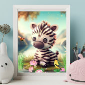 Kute Zebra nabij een vijver met bloemen en vogelku Poster