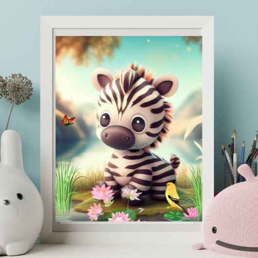 Kute Zebra nabij een vijver met bloemen en vogelku Poster