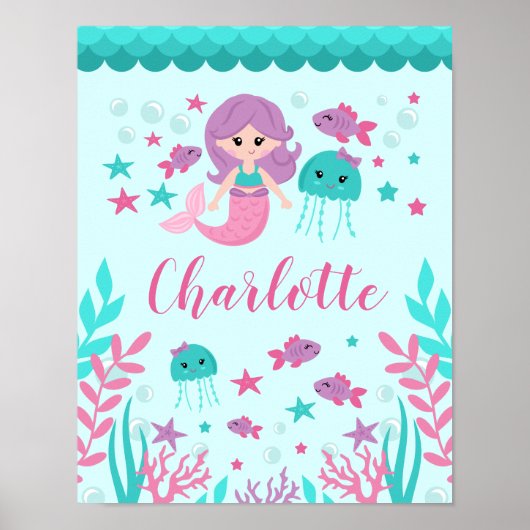Kute zeemeermin gepersonaliseerde meisjeskamer muu poster (Voorkant)