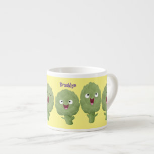 Kute zingende artisjokken plantaardige cartoon espresso kop