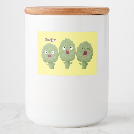 Kute zingende artisjokken plantaardige cartoon voedselcontainer etiket (Voorkant)