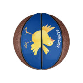 Kute zingende gele cartoon kanarie vogel basketbal (Verticaal)