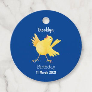 Kute zingende gele cartoon kanarie vogel bedankjes labels
