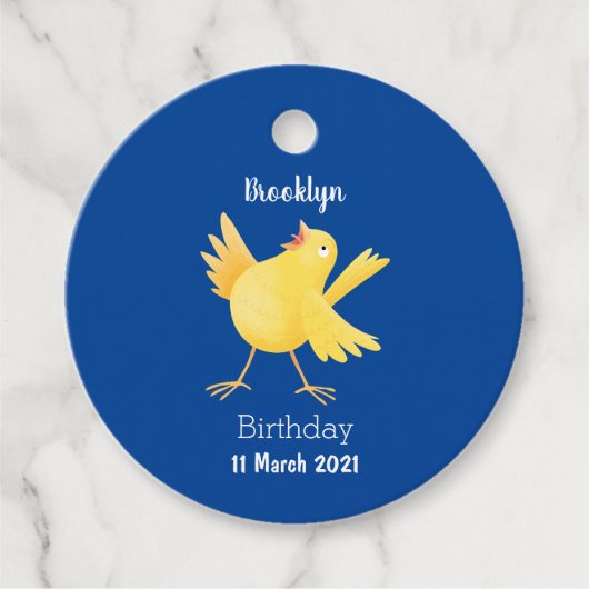 Kute zingende gele cartoon kanarie vogel bedankjes labels (Voorkant)