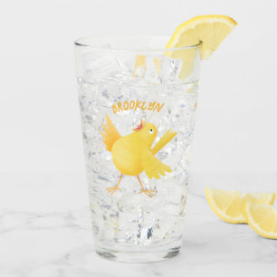 Kute zingende gele cartoon kanarie vogel glas