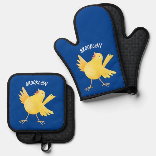 Kute zingende gele cartoon kanarie vogel ovenwant & pannenlap set (Voorkant / Achterkant)