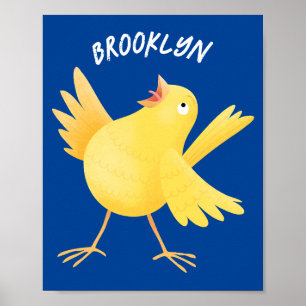 Kute zingende gele cartoon kanarie vogel poster