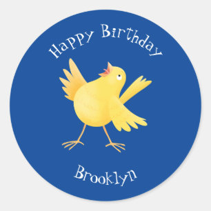 Kute zingende gele cartoon kanarie vogel ronde sticker