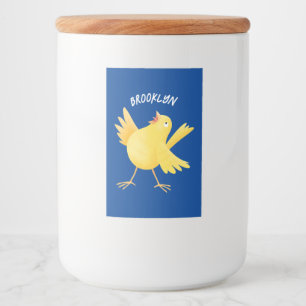 Kute zingende gele cartoon kanarie vogel voedselcontainer etiket