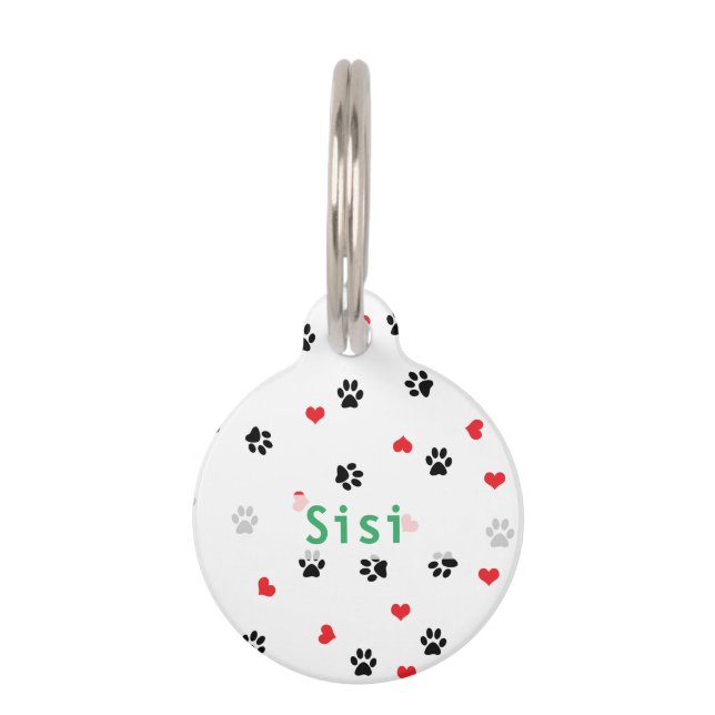 Kute, zoete, heldere dierenpoot en rood hartpatroo huisdierpenning (Voorkant)