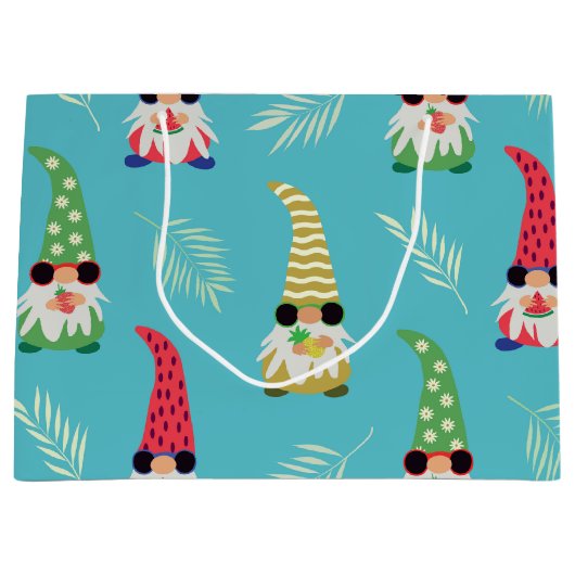 Kute zomergnomen met vruchtpatroon groot cadeauzakje (Voorkant)