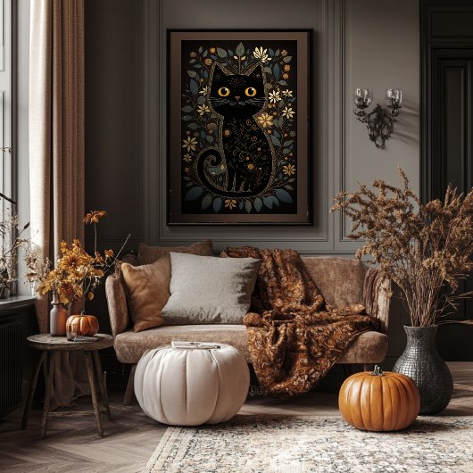 Kute zwart-kattenfolk Art Style Afdrukbaar downloa Poster