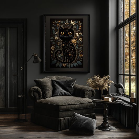 Kute zwart-kattenfolk Art Style Afdrukbaar downloa Poster