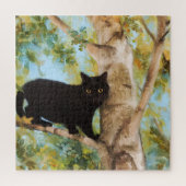 Kute zwarte kat in boom - fijne kunstpuzzel legpuzzel (Verticaal)