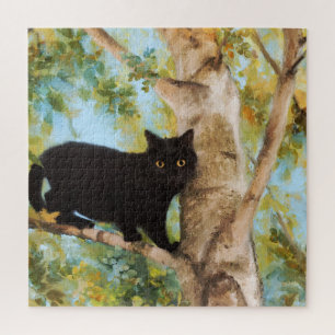 Kute zwarte kat in boom - fijne kunstpuzzel legpuzzel