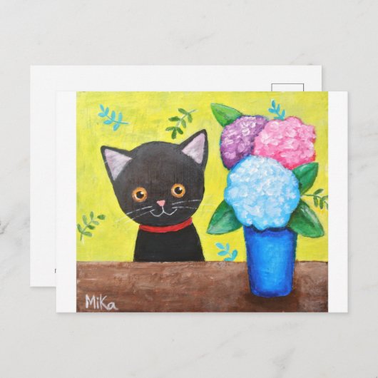 Kute zwarte kat met bloemen, kattekletsnat briefkaart (Voorkant / Achterkant)