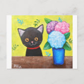 Kute zwarte kat met bloemen, kattekletsnat briefkaart (Voorkant)
