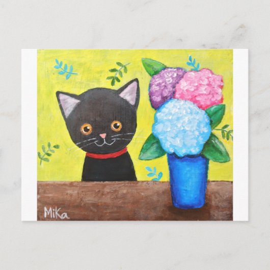 Kute zwarte kat met bloemen, kattekletsnat briefkaart (Voorkant)