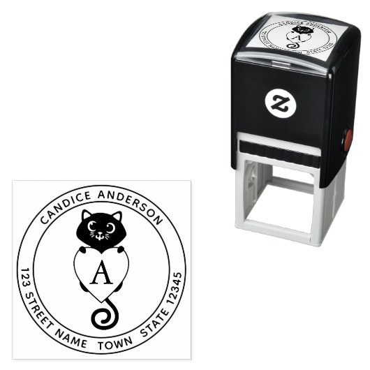 Kute zwarte kat met hartmonogram  zelfinktende stempel (In situ)