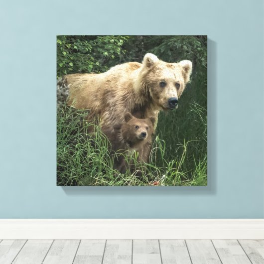 Kutest Baby Animals | Beer Mama Beer en haar kubus Canvas Afdruk (Insitu (Houten vloer))