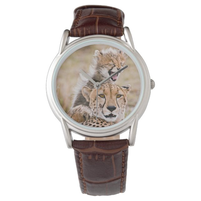 Kutest Baby Animals | Cheetah Cat & Cub Horloge (Voorkant)