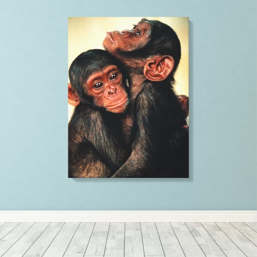 Kutest Baby Animals | Chimpansee Hug Canvas Afdruk (Insitu (Houten vloer))