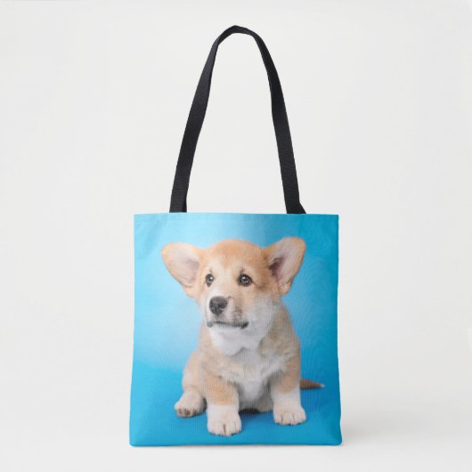 Kutest Baby Animals | Corgi Puppy op blauw Tote Bag (Voorkant)