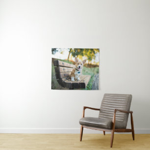 Kutest Baby Animals Corgi Puppy op een parkbank Wandkleed