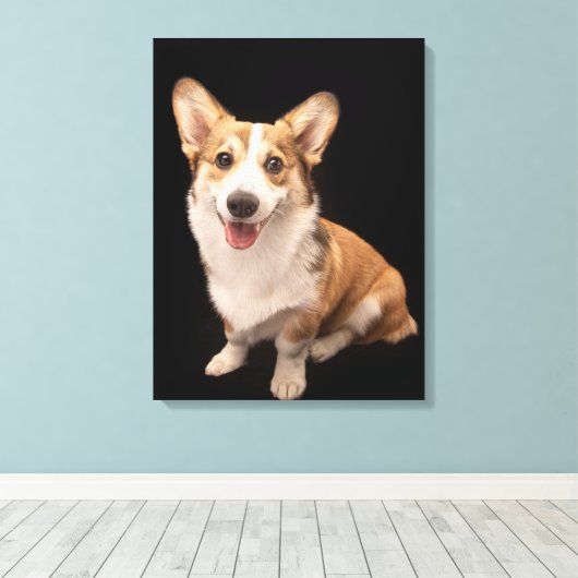Kutest Baby Animals | Corgi Puppy Smile Canvas Afdruk (Insitu (Houten vloer))