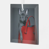 Kutest Baby Animals | Franse hond in handtas Glas Ornament (Voorkant links)