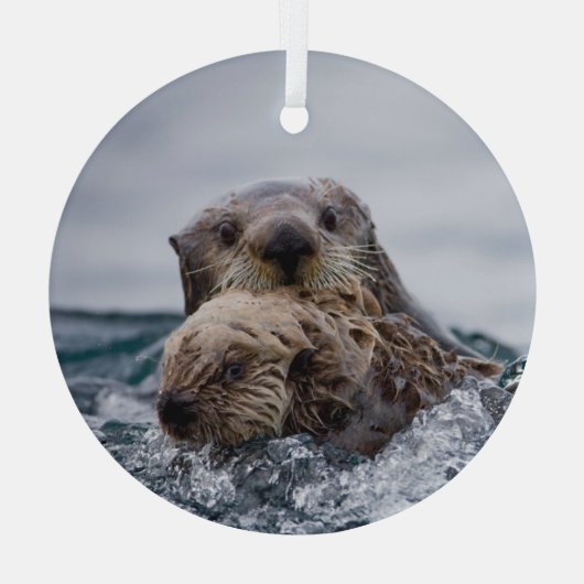 Kutest Baby Animals | Otter Baby en moeder Glas Ornament (Achterkant)