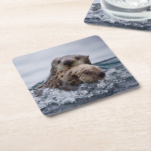 Kutest Baby Animals | Otter Baby en moeder Kartonnen Onderzetters (Schuin)