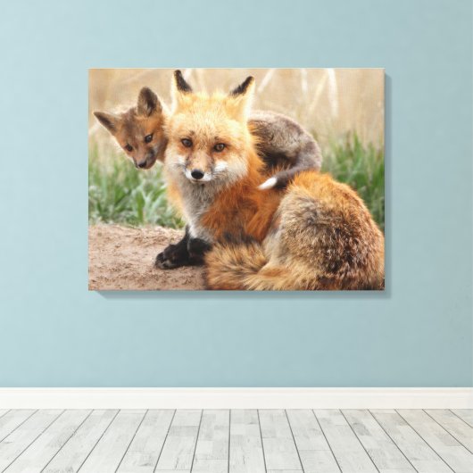Kutest Baby Animals | Rode vos en Baby Canvas Afdruk (Insitu (Houten vloer))