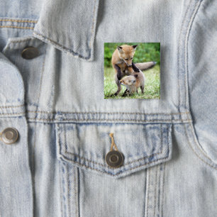 Kutest Baby Animals Schattige Fox Kit & Mama Vierkante Button 5,1 Cm