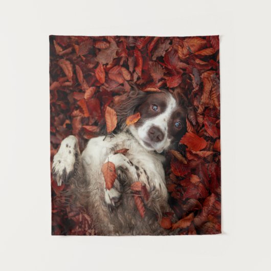 Kutest Baby Animals | Spaniel in najaarsbladeren Wandkleed (Voorkant)