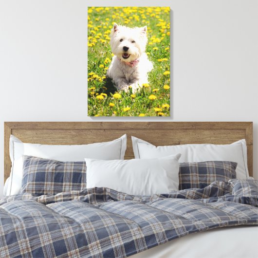 Kutest Baby Animals | Westie Dog in Dandelions Canvas Afdruk (Insitu (Slaapkamer))