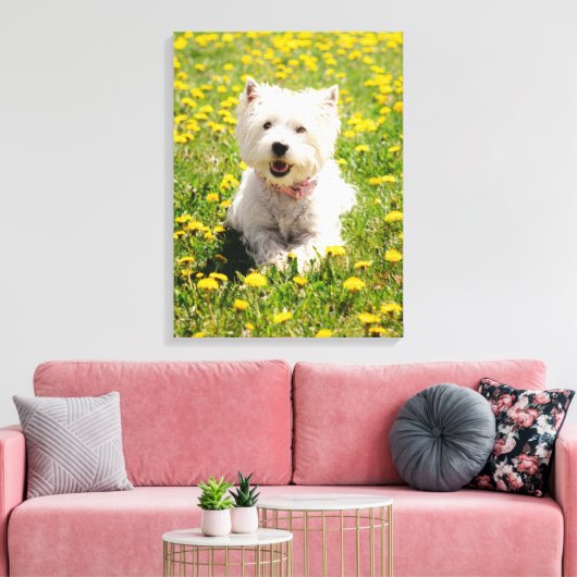 Kutest Baby Animals | Westie Dog in Dandelions Canvas Afdruk (Insitu (Woonkamer))