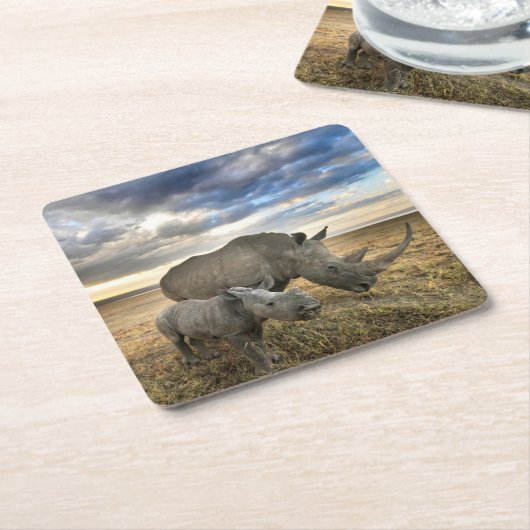 Kutest Baby Animals | Witte Rijn en Calf Kartonnen Onderzetters (Schuin)