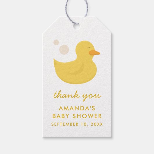 Kutgele speelgoed badeend dank u baby shower cadeaulabel (Voorkant)