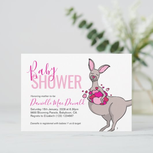 Kutkangaroo-hartzakjes, babydoucheuitnodigingen kaart (Staand voorkant)