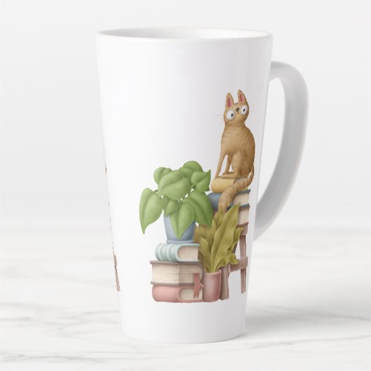 Kutkat en boekenstapels latte mok (Rechterhoek)