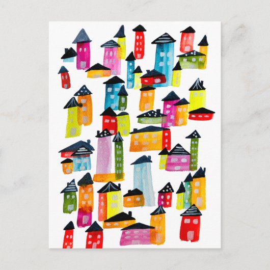 Kutkleurige huizen waterverf kunst briefkaart (Voorkant)