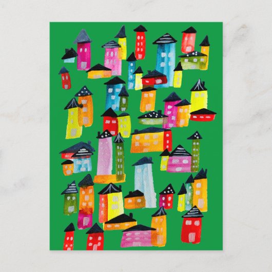Kutkleurige huizen waterverf kunst briefkaart (Voorkant)