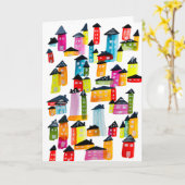 Kutkleurige huizen waterverf kunst kaart (Gele Bloem)