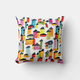 Kutkleurige huizen waterverf kunst kussen