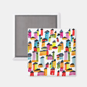 Kutkleurige huizen waterverf kunst magneet (Voorkant / Achterkant)