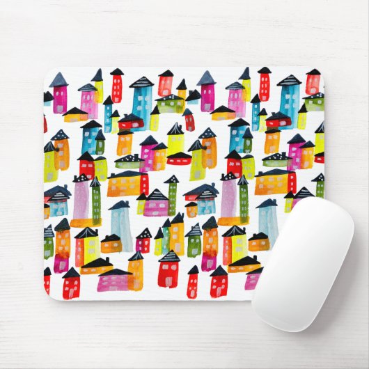 Kutkleurige huizen waterverf kunst muismat (Met muis)