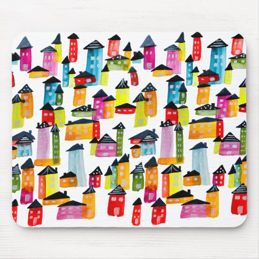 Kutkleurige huizen waterverf kunst muismat (Voorkant)