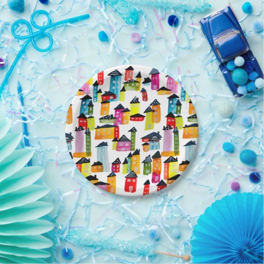 Kutkleurige huizen waterverf kunst papieren bordje (Feest)