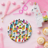 Kutkleurige huizen waterverf kunst papieren bordje (Feest)